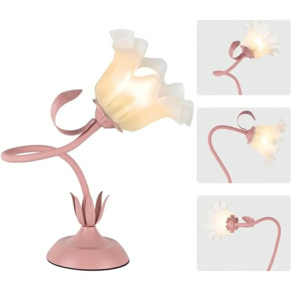 Pink Flower Desk Lamp LED Vintage Bedside Table Light for Bedroom Reading